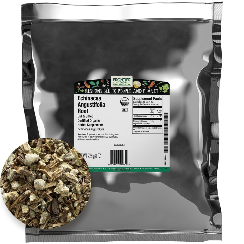 Frontier Co-op posušene Echinacea Angustifolia koren, rezano in obšito, 8oz, Certified Organic Echinacea koren - Idealno za čaj in zeliščna sredstva, Košir