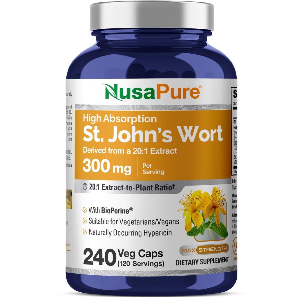 NusaPure St. John's Wort 20:1 Extract, 300 mg Enakovredno 6.000 mg 240 Veggie kapsule (vegetarijansko, ne- GMO) Bioperine