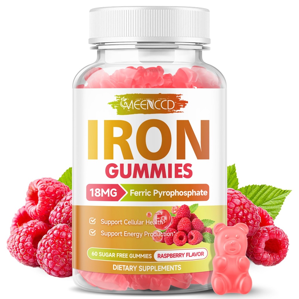 Iron Gummies with Vitamin C for Better Absorption, Iron Supplement for Women & Men, Support Energy Metabolism, Cellular Health & Immune Health, Sugar-Free, Non-GMO, Raspberry Flavor, 60 Count
