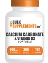 BulkSupplements.com Kalcijev karbonat in vitamin D3 Softgels - kalcij in vitamin D3, kalcij in D3 dodatek za imuno podporo - Gluten prost, 2 softgels na serviranje, 360 število (Pack po 1)