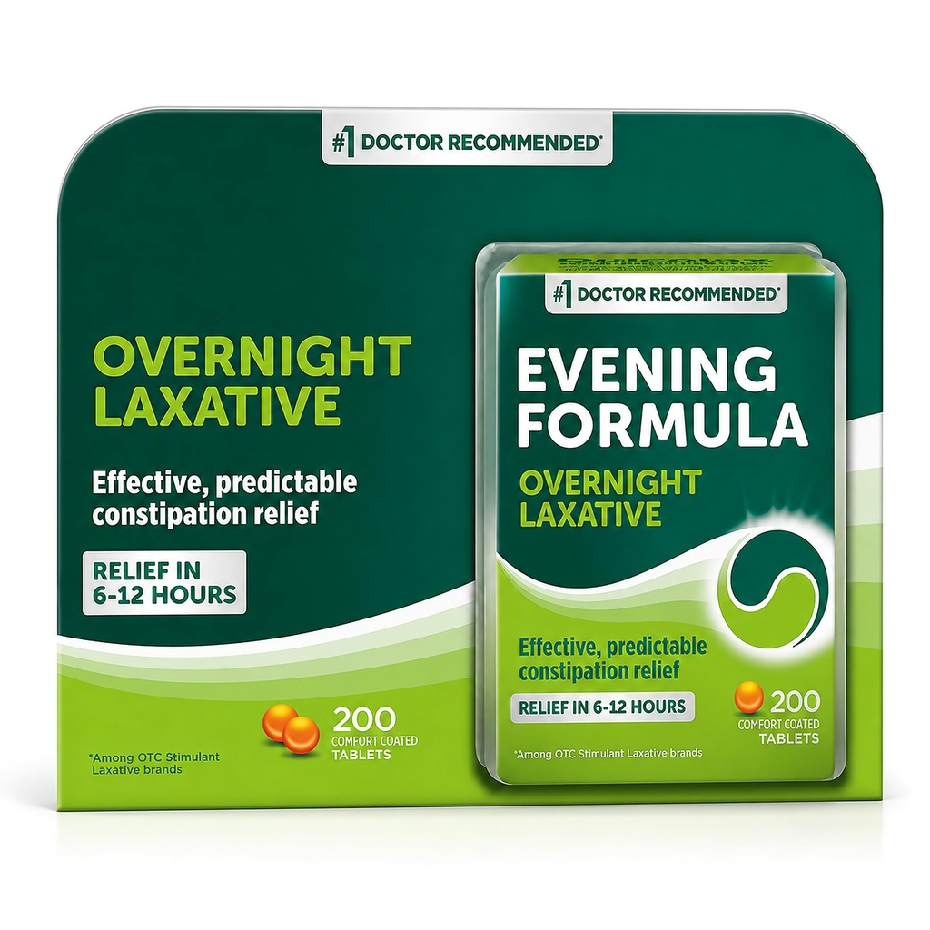 Stimulant Laxative 200 Tablets, Evening Formula Dulcolaxative Predictable & Effective Constipation Relief, Relieves Bloating, Comfort Coated Tablets