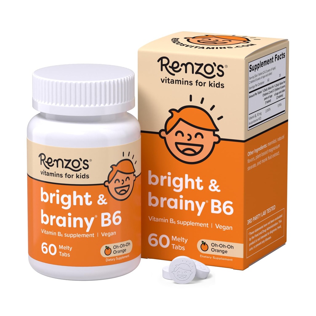 Renzo's Bright & Brainy Vitamin B6, Raztapljanje otrok Vitamin B6, 60 Sladkor-free Melty Tabs, Oh Oh Oh Orange Okusen