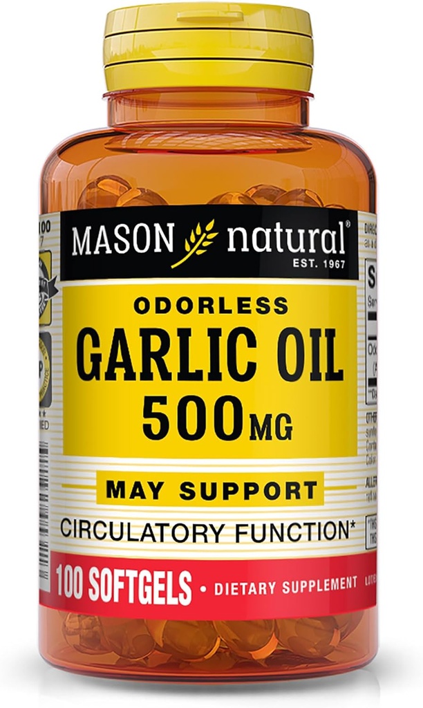 MASON NARAVNA Česen Oil 500 mg Odorless Allium Sativum dodatek - Podpira zdravo Circulatory funkcijo, 100 Softgels