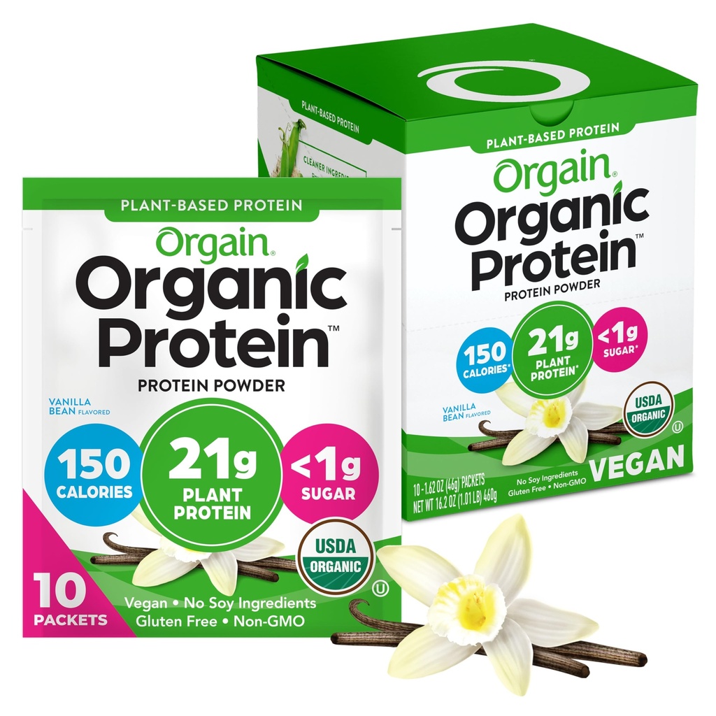 Orgain Organic Vegan Protein Powder, Vanilla Bean - 21g Rastlinske beljakovine, 5g Prebiotične vlaknine, Ni ogljikovih hidratov, Brez laktoze Sestavine, Brez dodanega sladkorja, Ne-GMO, za pretrese in napitki, 10 Potovalnih paketov