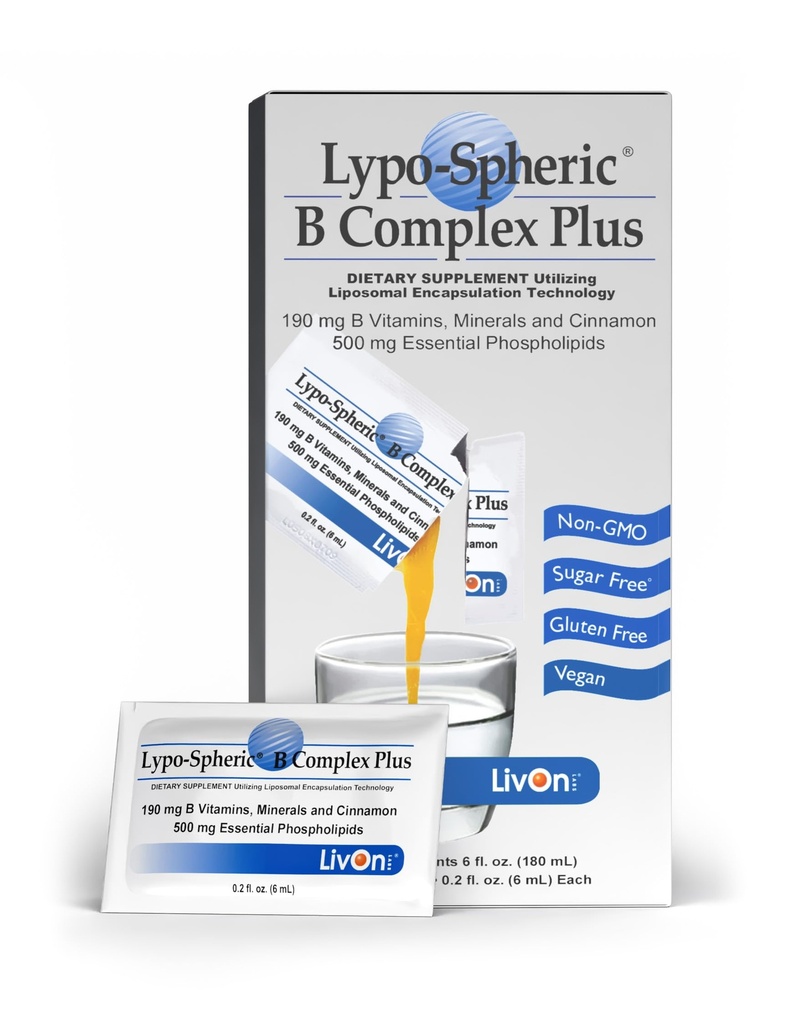 Livon Laboratories Lypo-Sferic B Complex Plus – 30 paketov – 195 mg B Vitamini, minerali in cimet na embalažo – Liposome Inkapsulirani za izboljšano absorpcijo – 100% ne-GMO