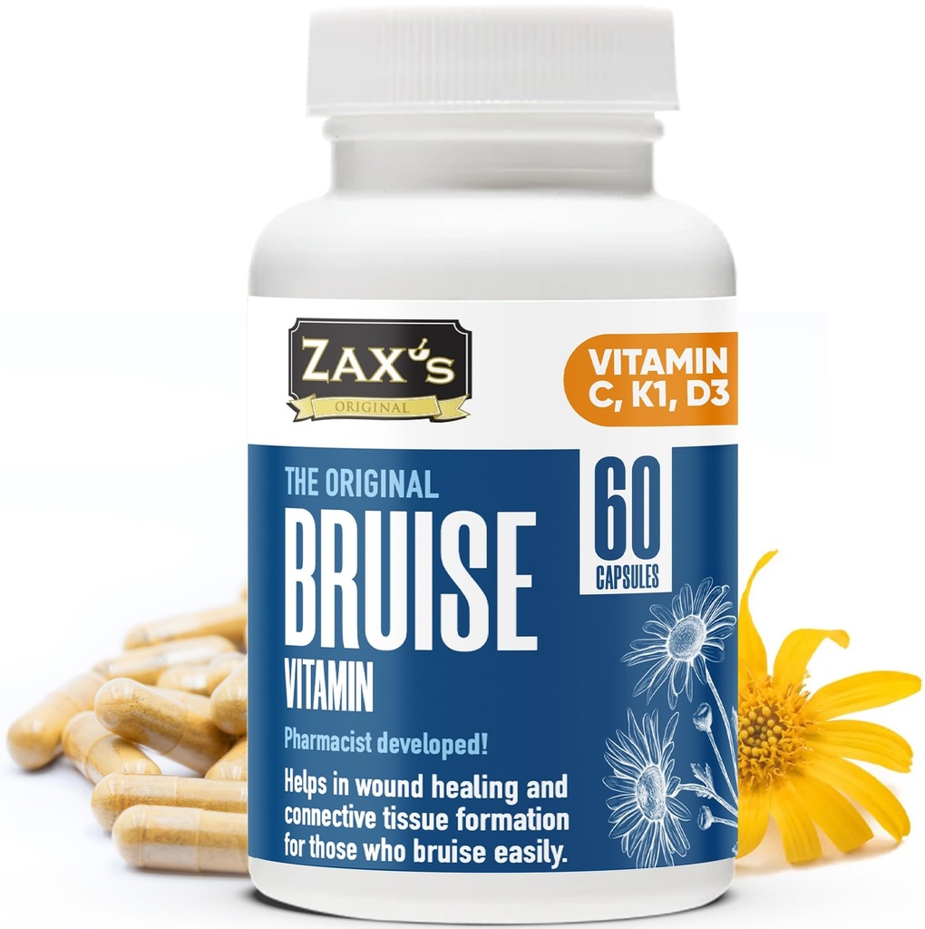 Zax's Bruise Vitamin Pharmacist Razviti dodatki za podplutbe Močne modrice Zmanjševalec, cink, Vitamin K, D3, Askorbinska kislina, Citrus Bioflavonoidi, 60 Caps, Combine Arnica Bruise Cream