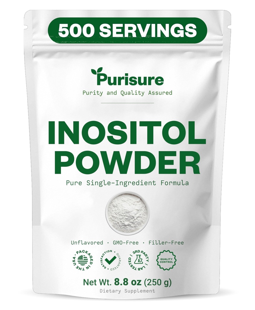 Purisure Myo-Inositol Powder, 250g, Plodnost, Hormonsko ravnovesje in Ovarian Podpora, Pure Inositol Powder, Myo Inositol Dodatek za podporo energije in možganov Wellness, Vegan, Non-GMO, 500 Servisi