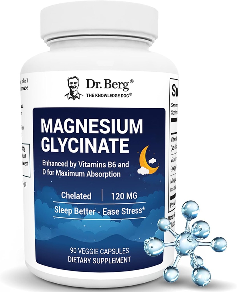 Dr. Berg Magnezij Glicinat z vitaminom D & B6 za razbremenitev stresa, pomiritev, sprostitev, & dober spanec* - 120 mg kapsul magnezijevega biglicinata - visoka absorpcija kelirani glicinat - 90 cap