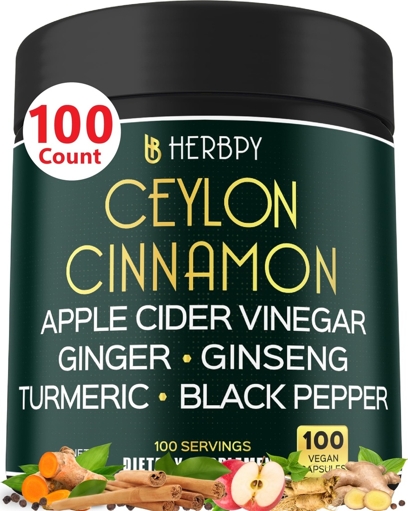 6in1 Premium Ceylon Cinamon dodatek Plus Apple Cider Vinegar, Kurkuma, Ginger, Ginseng - Upravljanje teže, Prebava - 100 Veganske kapsule