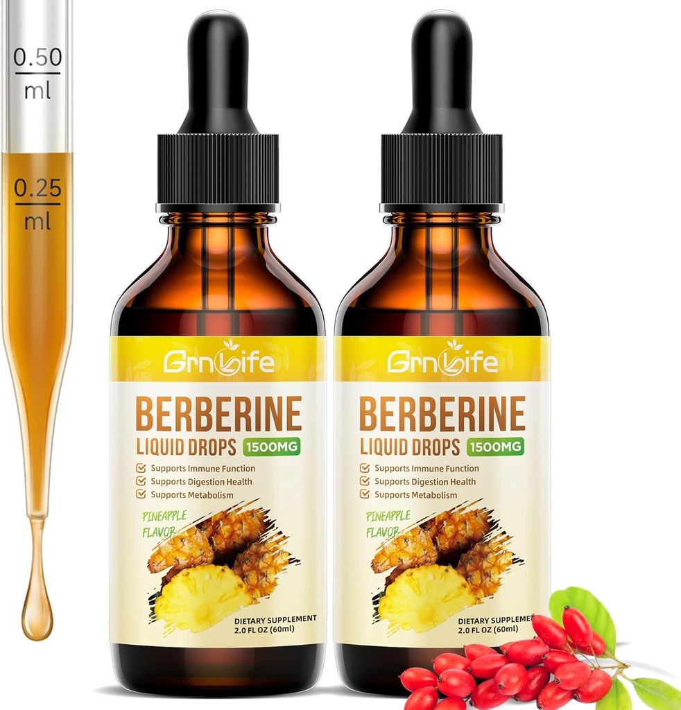 (2 paket) Berberine dopolnilo, 1500 mg organski Berberine tekoče kapljice s Ceylon cimet, Bitter Melon - podpira imuno in presnovo, Vegan, Ananas Flavor-2 FL Oz