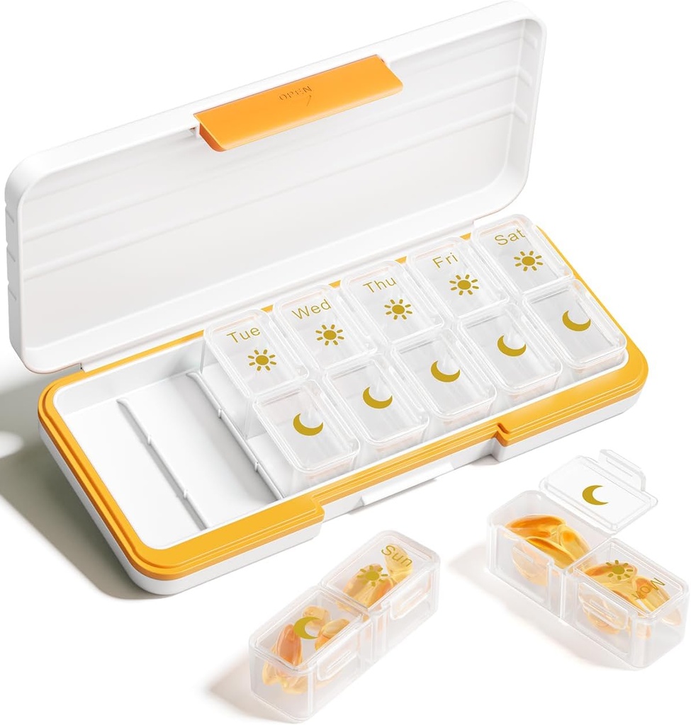 AM PM tablete Organizator 2 krat na dan, 7 dan tablete škatle teden tablete organizator potovanja z ločenim vsebnikom, Prenosno dnevno medicina načrtovalec Dispenser Primer za vitamine, ribja olja, dodatki (Beige)