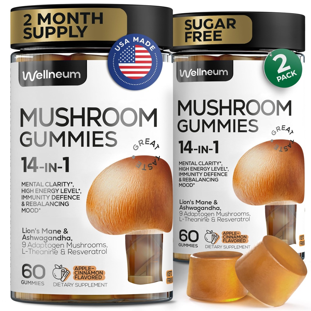 Gobe Gumies 5000 Mg 120 Pcs (2 paket) - Levja griva in 9 Adaptogene gobe Mešanica - Ashwagandha, L-Theanine - Gobe Gumies for Energy, Immunity, Focus, Brain Boost - Brez sladkorja in GSO