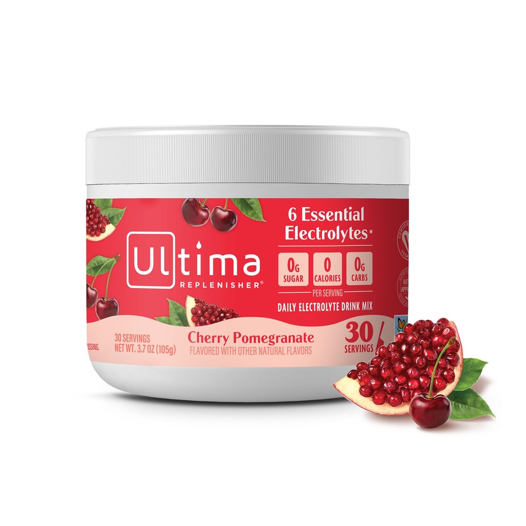 Ultima Replenisher Daily Electrolyte Powder Drink Mix – Sugar Free – Cherry Granate, 30 Serving – Hidracija Prašek s 6 Elektroliti in Trace Minerals – Keto Friendly, Vegan, Non-GMO