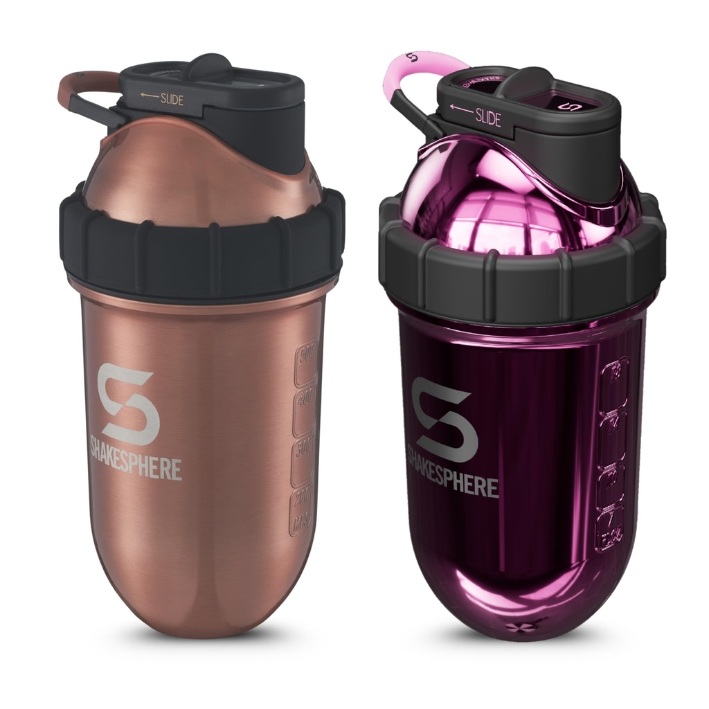 SHAKESPHERE Stainless Steel Shaker Bottle Bundle – Copper & Mirrored Pink, 24oz Insulated