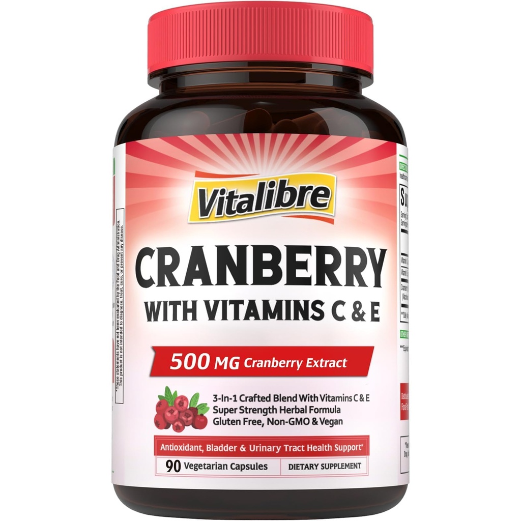 Vitalibre Cranberry Pills for Women with Vitamin C & E, Once Daily, Vegan, Urinary Tract Health & Kidney Cleanse, 90 Capsules