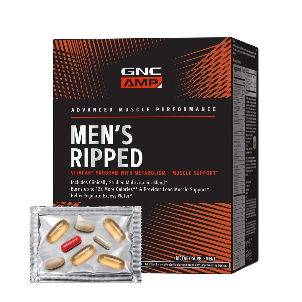 GNC AMP moški Ripped Vitapak Program, 4 v 1 Izdelek Vitamin Pack, Presnova & Lean Muscle Tone, Burn Calories, Water Shedding, Adult Multivitamin, Kofein, CLA, Proven sestavine, 30-dnevno oskrbo