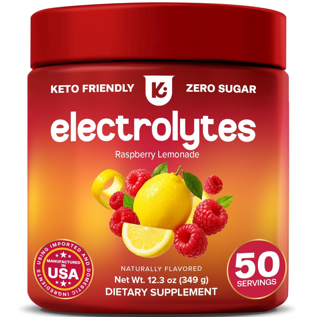 Keppi elektroliti v prahu – malina limonada arome 50 Serving – brez dodatka sladkor hidracija z magnezijem, kalij, natrij – Keto, Vegan, Fasting-prijateljski, Zero Calorie Elektrolit pijača