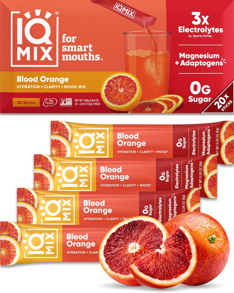 IQMIX Hidracija Elektrolitni prašek – 4-v-1 Formula za hidracijo, mentalno jasnost, razpoloženje in regeneracijo – mešanica brez sladkorja, keto, magnezijev L-treonat, levja griva – 20 krvnih oranž