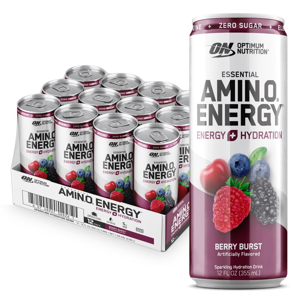 Optimum Nutrition Amino Energy Sparkling Hydration Drink, Elektroliti, Kofein, Aminokisline, BCAA, Brez sladkorja, Berry Burst, 12 Fl Oz, 12 Pack
