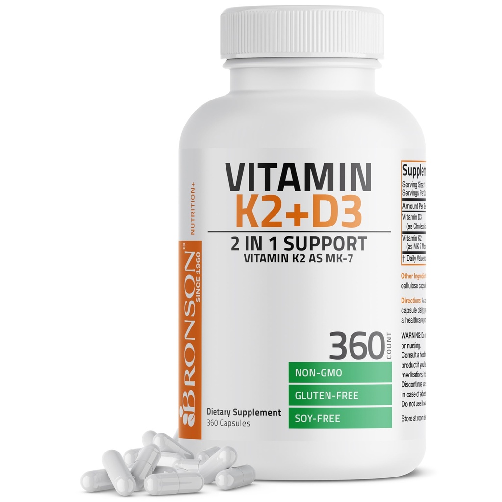 Bronsonov vitamin K2 (MK7) z D3 dopolnilno formulo ne-GMO 5000 i.e. vitamin D3 & 90 μg K2 MK-7 Enostaven za pogoltnitev D & K kompleksa, 360 kapsul