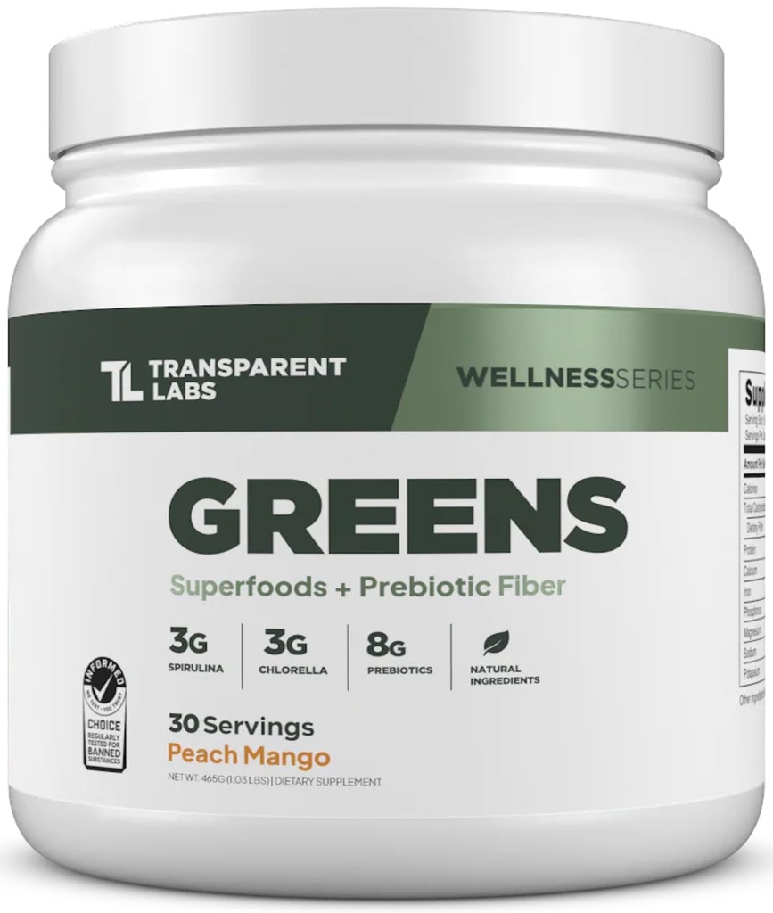Prozorni laboratoriji Prebiotični Zeleni - Superfood Powder & Antioksidanti dodatek z organskim Spirulina, Chloerra, Acacia, & Green Banana Powder - 30 Servinga, Peach Mango