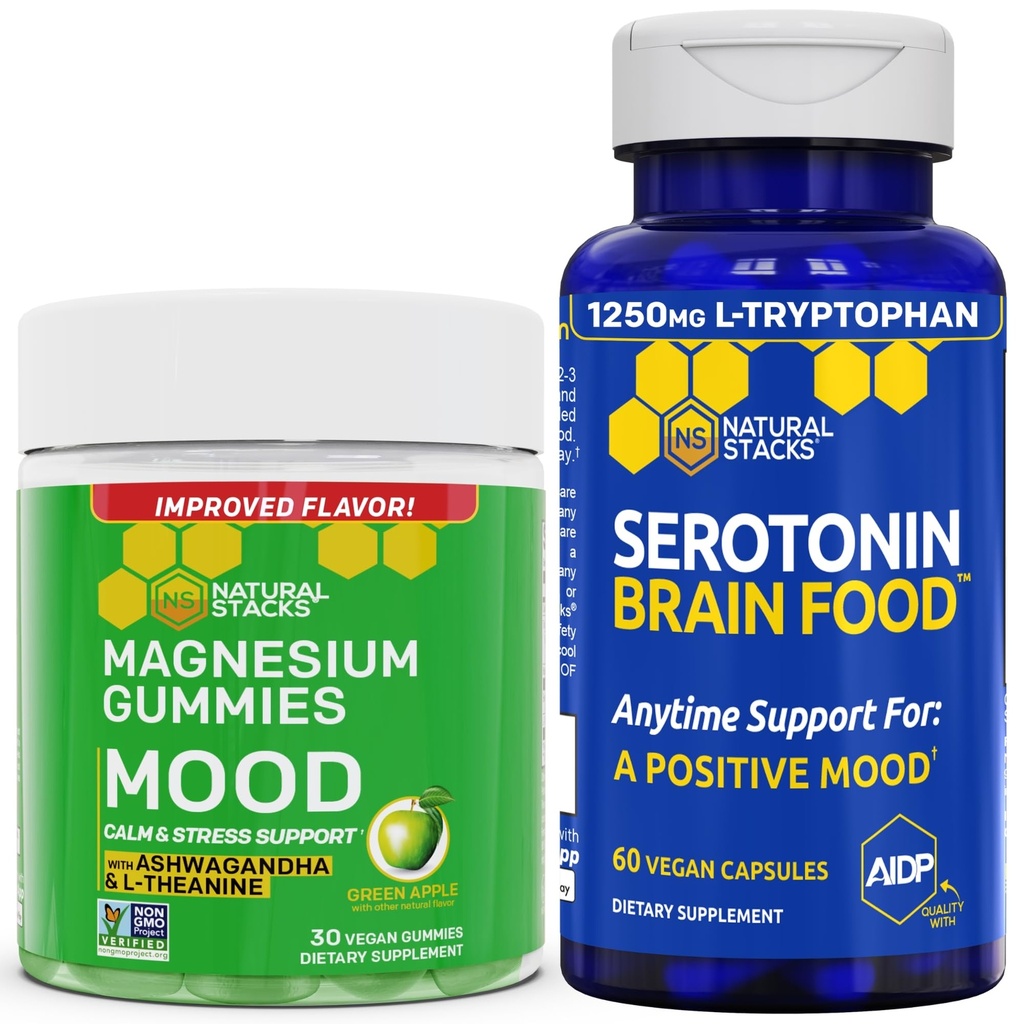 NARAVNI ZASTAVKI Mood Magnezijev citrat Gumiji + Serotonin Brain Food Bundel - Pozitivni Mood & Stress Support - 90 kosov