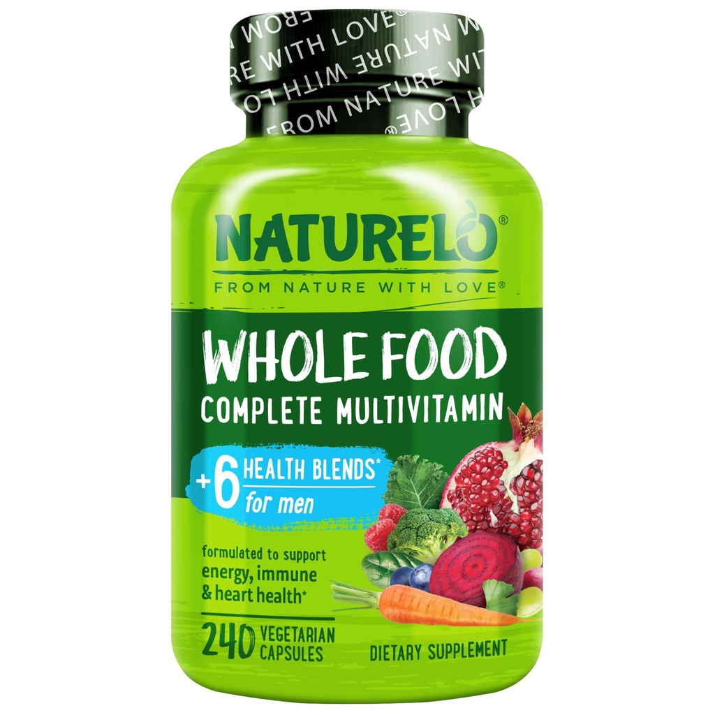 NATURELO Moški multivitamini - en dnevni multivitaminski za moške z vitamini, minerali in organskimi celimi živili, povečanje energije in zdravja, ne-GMO, 240 vegetarijanske kapsule