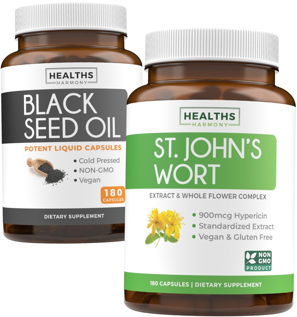 Olje črnega semena & šentjanževka (3-mesečna zaloga) Harmonija Essence Olje črnega semena (180 kapsul) Nigella Sativa & St. John's Wort (180 kapsul) z močno 900mcg Hypericin