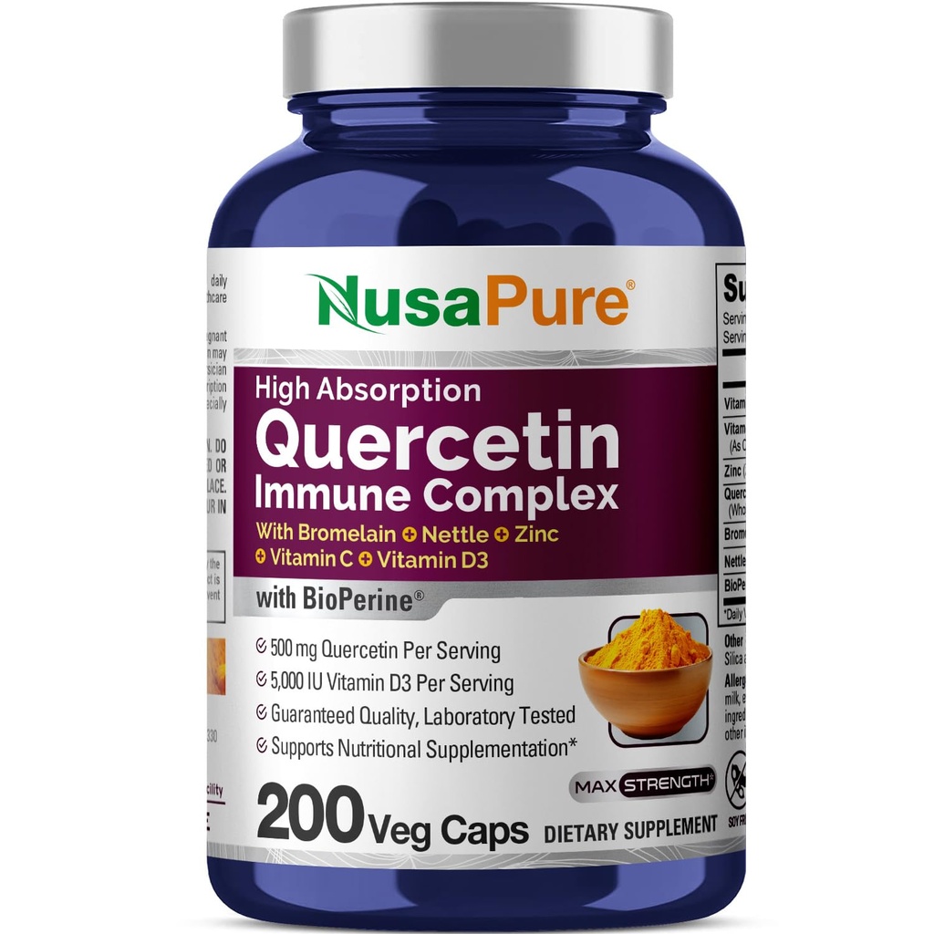 NusaPure Quercetin Complex: Bromelain, Vitamin C, Vitamin D3, Stinging Nettle, Zinc | 200 Veggie Caps (Non-GMO, Bioperine)