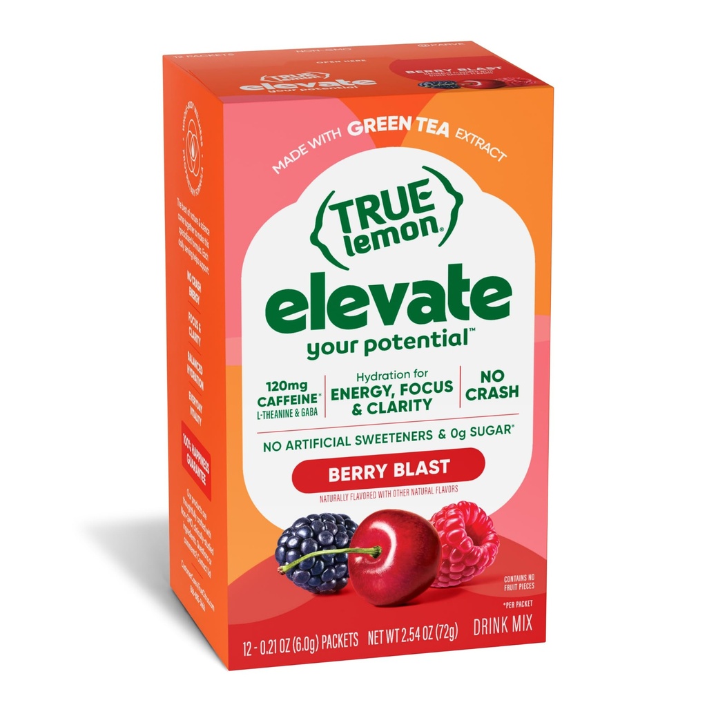 True Lemon Elevate Berry Blast Energy Drink Powder - Vitamin C Electrolytes Powder Packets with 120 mg Green Tea Caffeine, GABA, L-Theanine - Sugar Free Hydration Packets, Focus Supplement, 12 Count