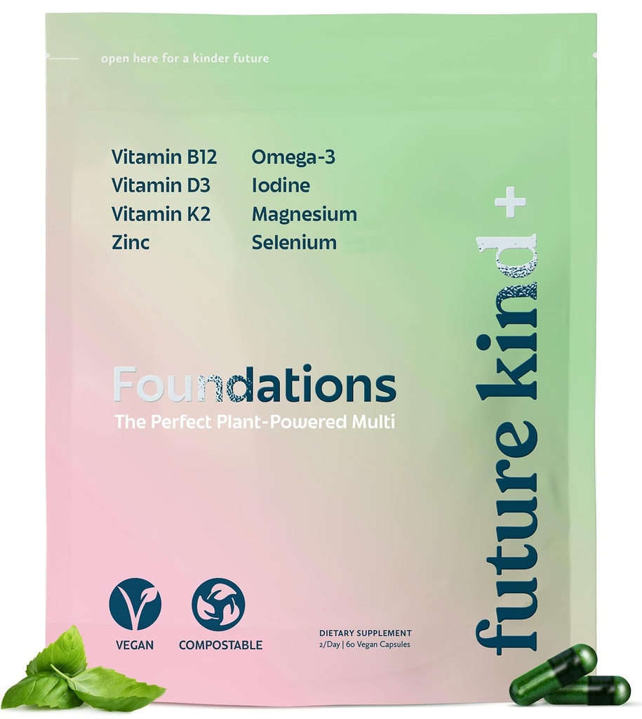 Future Kind Carrageenan-free Foundations Multivitamin za ženske in moške z Omega-3, B12, D3, cink, jod, magnezij, K2 & Selen, Vegan, kompostable Bag (60ct)
