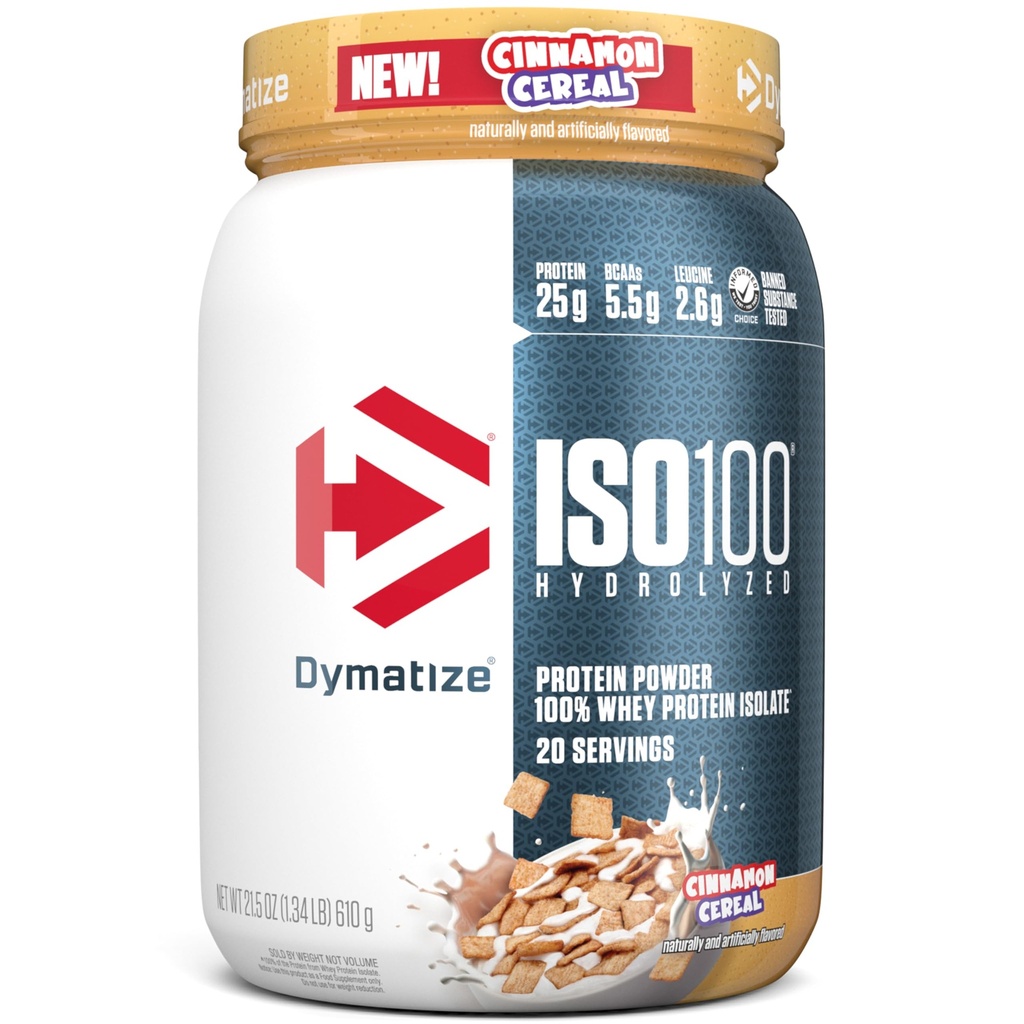 Dymatize ISO100 Whey Protein Powder Isolat, cimetovo žito, 25 g beljakovin, 5,5 g BCAA, manj kot 120 kal., brez glutena, 1 g maščobe, 1 g sladkorja, 2 g ogljikovega dioksida (20 servingov)