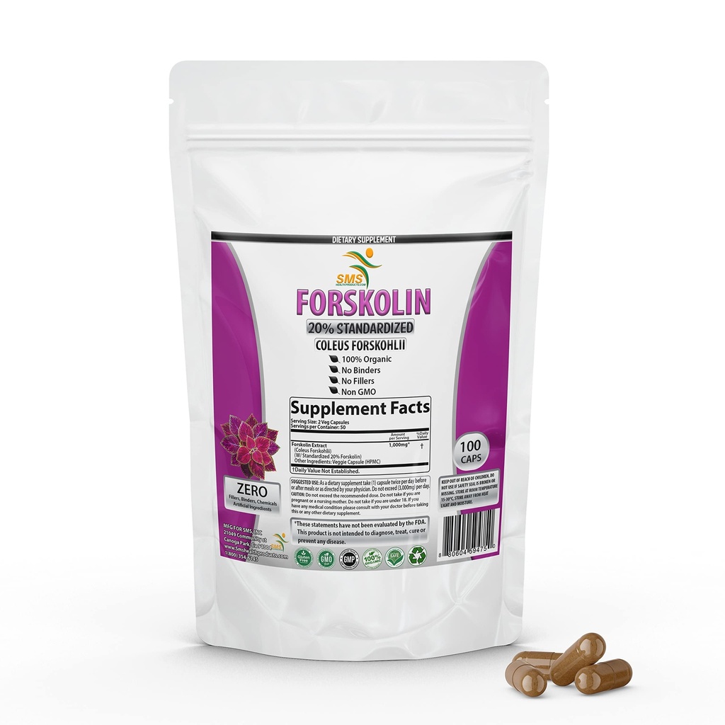 Pure Forskolin Extract dodatek s Potent Coleus Forskohlii 20% Standardizirani 1000 mg za izboljšano energijo - Rastlinske na osnovi energije dopolnila za ženske in moške - 100 Veggie kapsule
