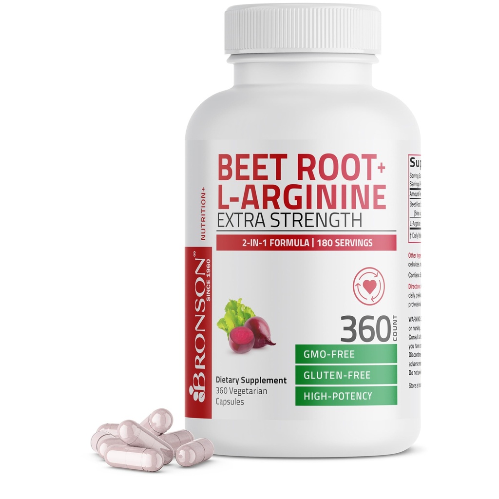 Bronsonova pesa Root + L-Arginin Proizvodnja dušikovega oksida - ne-GMO, 360 vegetarijanskih kapsul