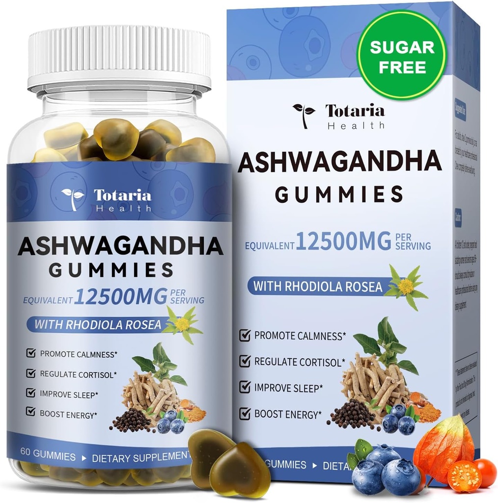 Totaria sladkor prost Ashwagandha Polnjene Gumies 2500mg w/vitamin D3, Magnezijev glicinat, Rhodiola, Ultra moč Ashwa korenski dodatki za ženske & Wen, za sprostitev, energijo, borovnice aroma