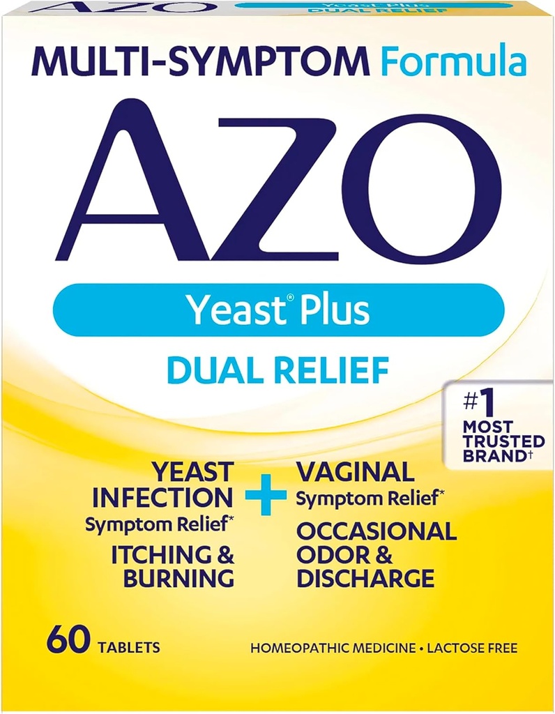 AZO Yeast Plus tablete z dvojno pomočjo, okužba z Yeast in vaginalni sindrom, lajšanje vaginalnega srbenja in gorenja, 60 število