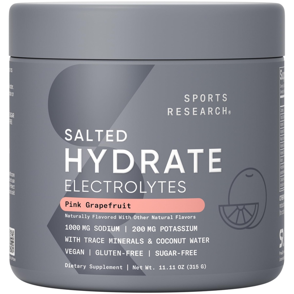 Sports Research® Hydrate Electrolytes Salted Pink Grapefruit - Sugar-Free & Naturally Flavored with Vitamins, Minerals, and Coconut Water - Supports Hydration* - 45 Servings