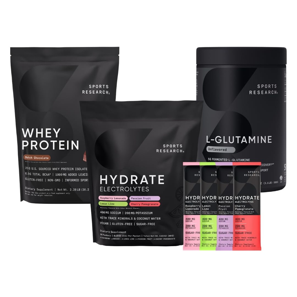Športne raziskave Multi Flavor Hydrate Electrolytes Packets, nizozemski čokoladni aromatizirani sirotkin izolat v prahu in nearomatiziran L-glutamin