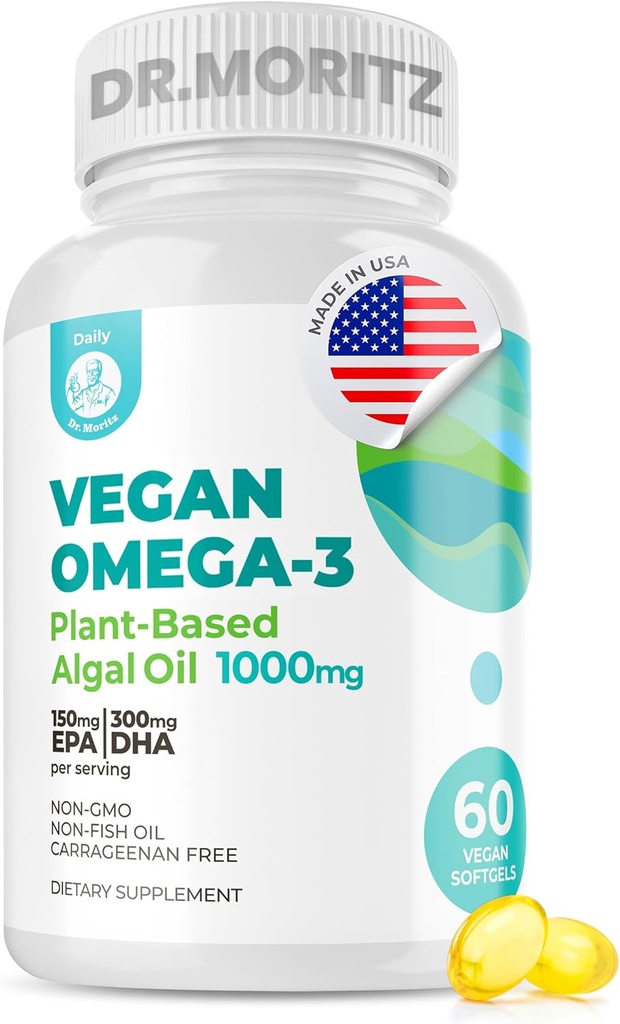 DR. MORITZ Vegan Omega-3 Mehkužci za odrasle in otroke, izdelani iz olja Algae z DHA EPA, Mali Algae Omega 3 Dopolnila, Vegan, 60 grof