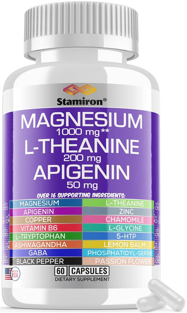 Magnezijev kompleks 1000mg L Theanine 200mg Apigenin 50mg dodatek z Mag Glycinate Citrate Malate Taurate + Kamimile 5-HTP Pasijonka Lemon Balm B6 Ashwagandha in L Triptofan - Izdelano v ZDA