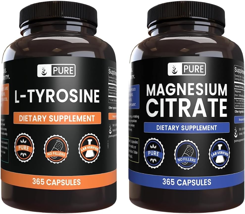 SESTAVINE L-tirozina in magnezijevega citrata, 365 kapsul vsak, vedno čist, laboratorij preverjen