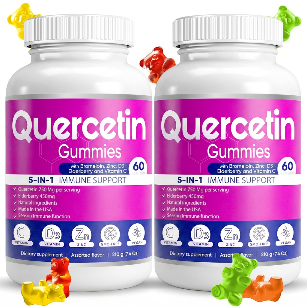 (2 paketa) Quercetin Gumies by BioVitalica - Quercetin z bromelainom Vitamin C in cink & Starejše jagode + vitamin D3-5 v 1 Imunska podpora - cink Quercetin 750 mg za otroke in odrasle