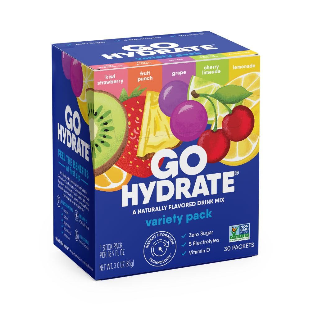 GoHydrate Nizki natrijevi elektroliti v prahu Pakiranje brez sladkorja - takojšnja hidracija Dnevna pijača Mix - nič sladkorja voda aroma Packet Samci z vitaminom D - (Variety Pack, 30 Packs)