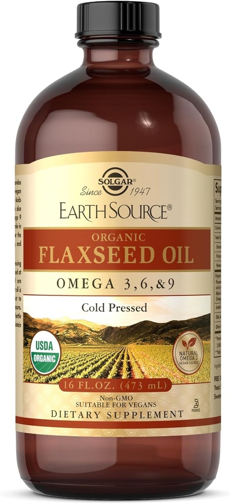 Solgar Earth Source Organsko laneno olje - 16 fl oz - Hladno stiskano - Omega 3, 6 & 9 - USDA Organic, Non-GMO, Gluten free - O 31 Servings