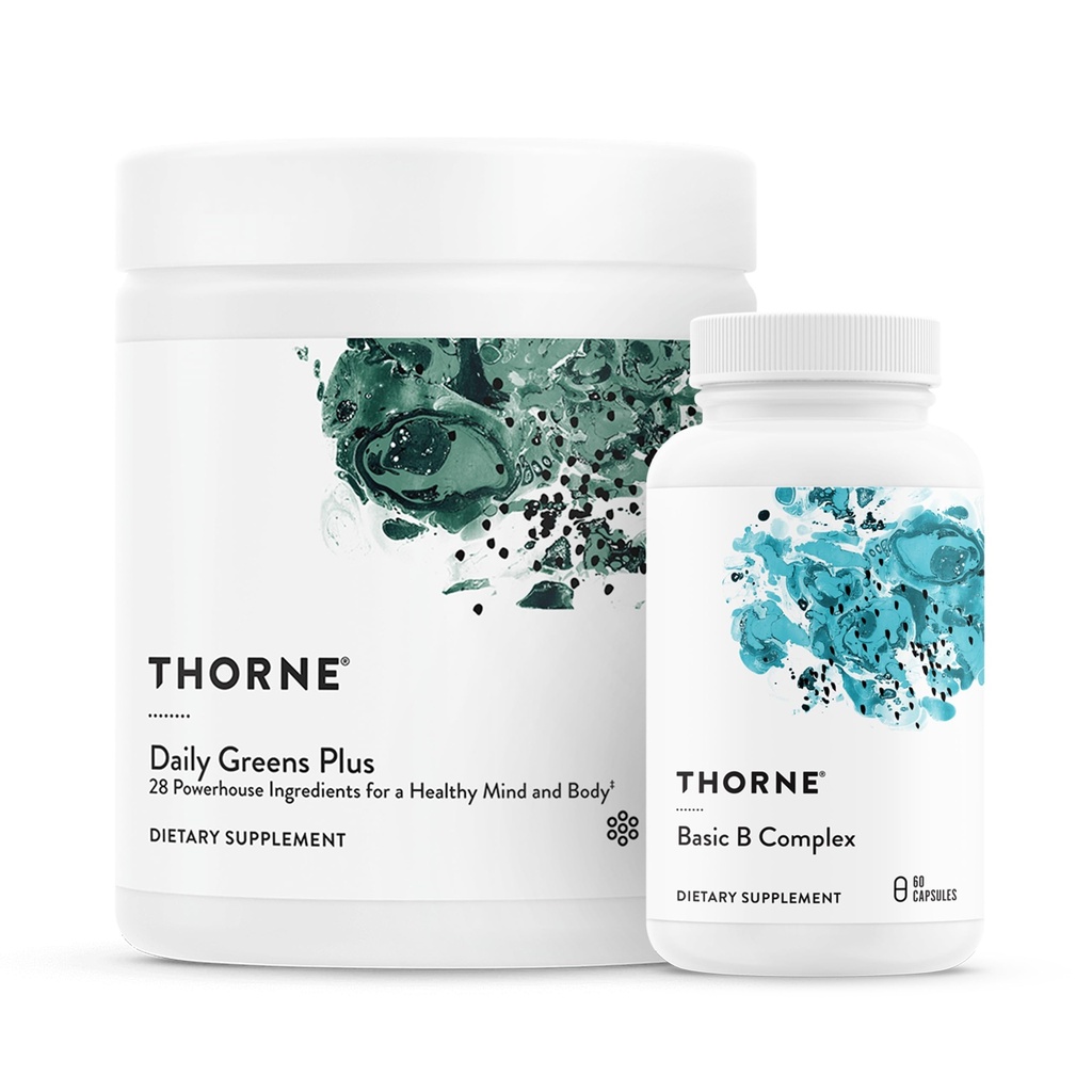 THORNE - Energy Bundle - Daily Greens Plus & Basic B Complex - Spodbuja celično energijo in fizično vzdržljivost - 30 Servis
