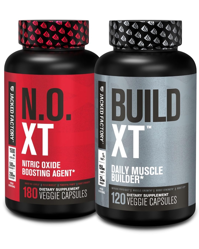 Jacked Factory Muscle Builder Supplement Stack - Build-XT Muscle Builder & N.O. XT Nitrični oksid Booster Agent za dvojno podporo (60 dnevna dobava)