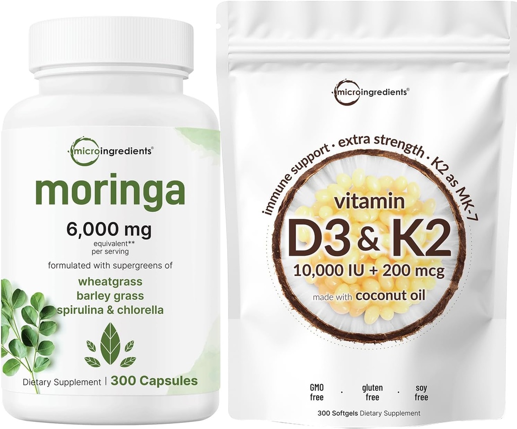 Mikro sestavine Vitamin D3 10.000iu + K2 200mcg Kokosovo olje Mehkužci & Moringa Oleifera 6.000mg Enakovrednih 300 kapsul Paket 2 Pakiranje 