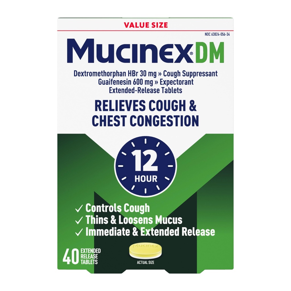 Mucinex DM 12Hr Chest Congestion & Cough Medicine For Adults, Cold And Cough Medicine for Excess Mucus Relief, 600 mg Guaifenesin & 30 mg Dextromethorphan HBr, 40 Bi-Layer Tablets
