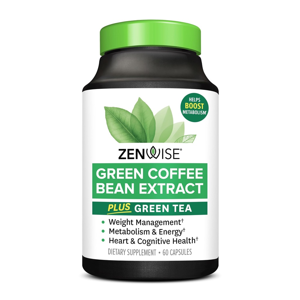 Zenwise Health EGCG Izvleček zelenega čaja Kapsule z izvlečkom kavnega fižola - 50% EGCG + 98% Polifenoli Dodatek - Zeleni čaj tablete za podporo kože in srca + zdravje možganov in povečanje spomina - 60 Count