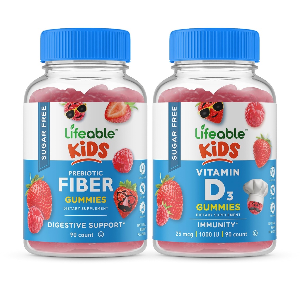 Življenjski sladkor brez preciotične vlaknine Otroci + Vitamin D Otroci, Gummies Bundle - Odličen okus, Vitamin dopolnilo, Gluten brezplačno, GSO brezplačno, Žvečljivi Gummy